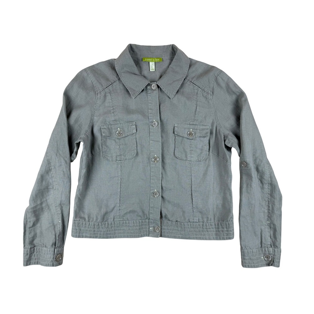 Sigrid Olsen 8 Linen Jacket Coastal Utility Sage Green Button Front